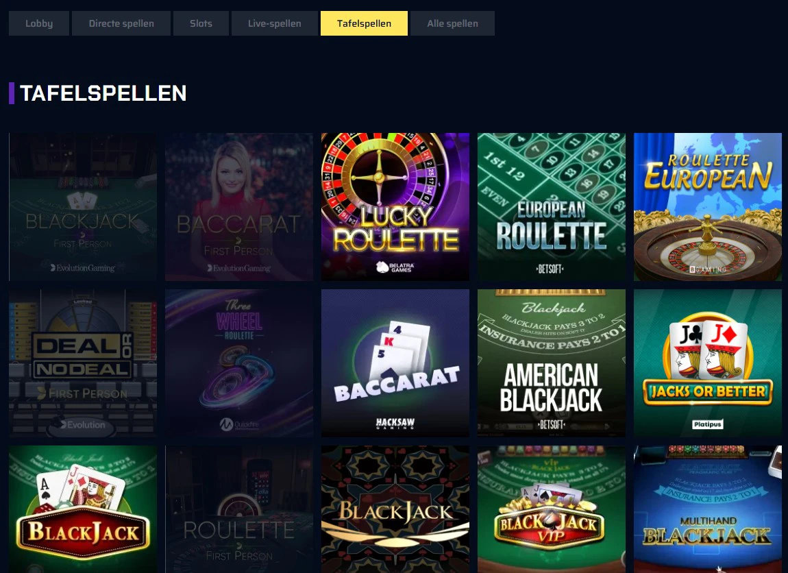 Alle live tafelspellen zoals blackjack & roulette bij Justbit Online Casino