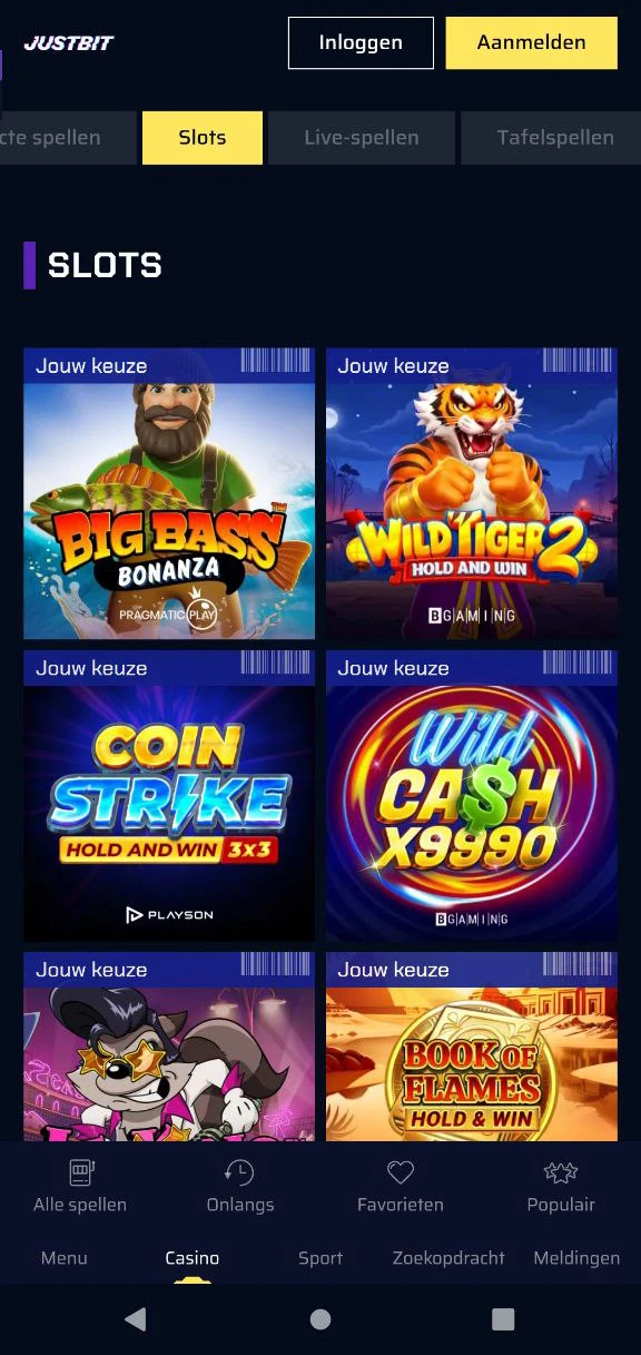 Volledige lijst met gokkasten bij Justbit Casino Nederland